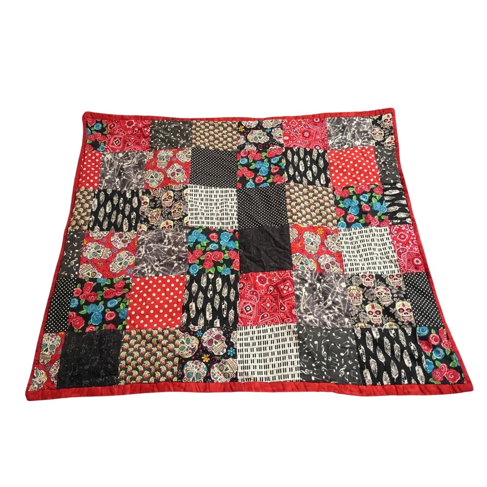Handmade Patchwork Quilt Unisex 35x38 Multicolor Sugar Skull Music Rockabilly